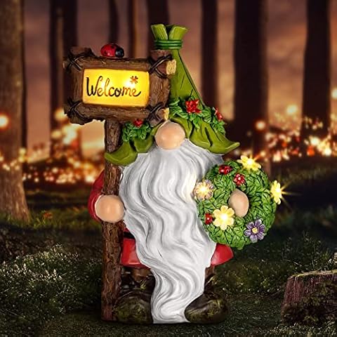 Grovind Solar-Gartenzwerge Statue Zwerge Gartendekoration Außenbereich, Solar-Zwerg Dekor mit Willkommensschild & LED-Leuchten für Terrasse Veranda Rasen Cover