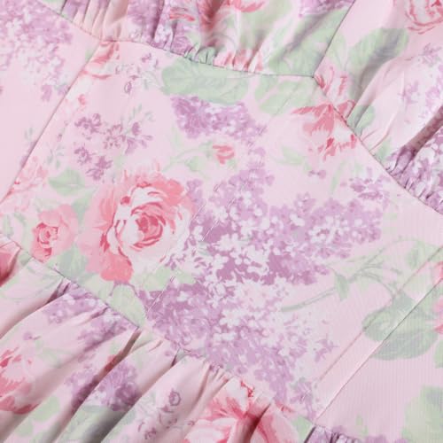 Image of Scarlet Darkness Summer Spring Split Floral Corset Midi Dress with Pockets | Floral dress with elastic sleeves, tie square neck, smocked back, 3 boned waist, left zip, side pockets, front thigh slit