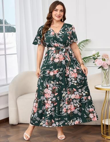 Image of ShopWonder Womens Plus Size V Neck Wrap Maxi Dress High Waist Ruffle Summer Casual Dress with Belt