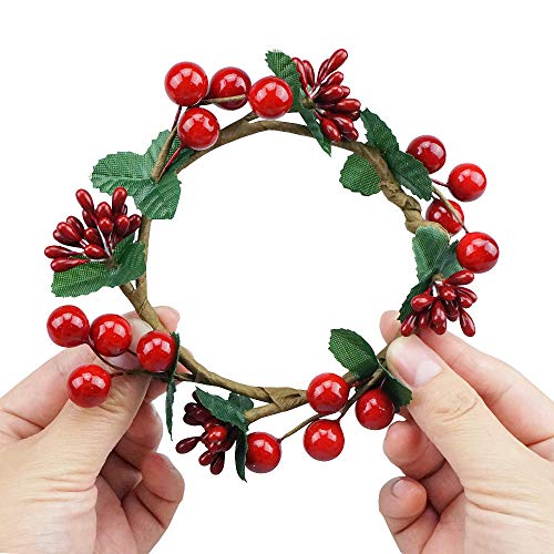 Grenerics 6 Pcs Red Berries Candle Rings Artificial Holly Leaves Berry Stamens Wreath Of Votives Candle Holders Decor For Christmas Ornaments By Baryuefull #TOP4