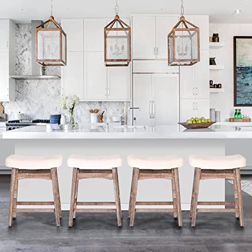 Alpha Home Bar Stools Set Of 2, Solid Wood Saddle Kitchen Stools With Beige Linen Fabric Cushion Counter Height Barstools With Vintage Farm Wooden Base For Kitchen Dining Cafe, 24 Inch, Beige, 2Pcs #TOP2