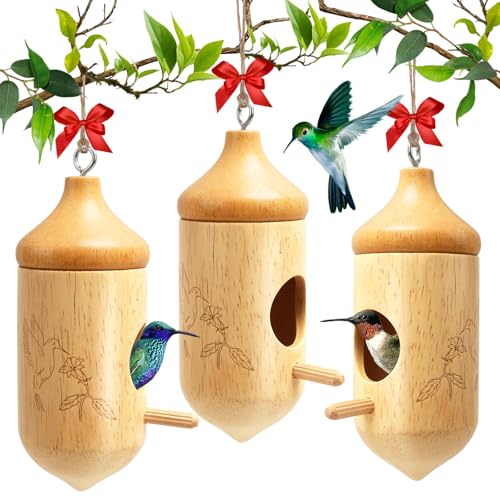 Hummingbird House for Outside, Wooden Small Bird House with Bow & Hanging String, Christmas Outdoor Decorations, Cute Gardening Gifts