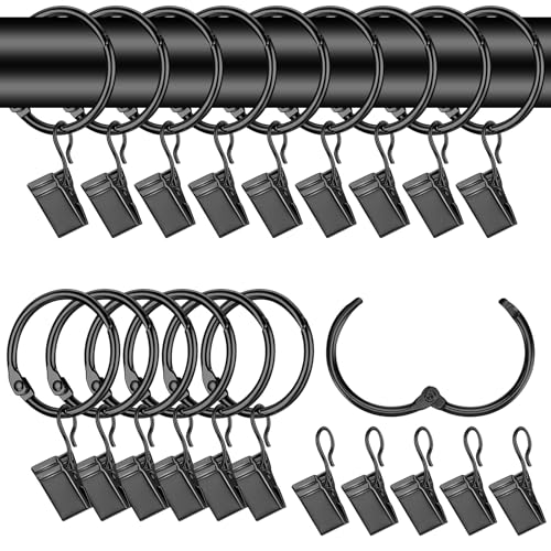 42 Piezas Anillas para Cortinas, Argollas para Cortinas, Anillas Cortinas de Metal, Anillas con Pinzas para Cortinas, Ganchos y Anillas Argollas para Colgantes de Cortinas de Ventana - Negro
