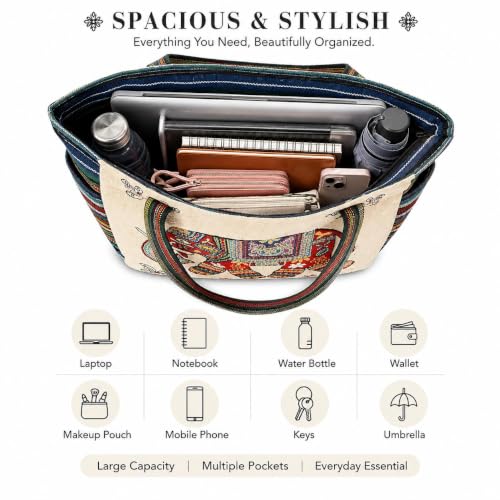 Image of Elephant Print Canvas Tote Bag for Women, Ethnic Shoulder Handbag with Multicolor Elephant Design, Dual Handle Everyday Carry Bag for Shopping, Office, College, Travel & Daily Use