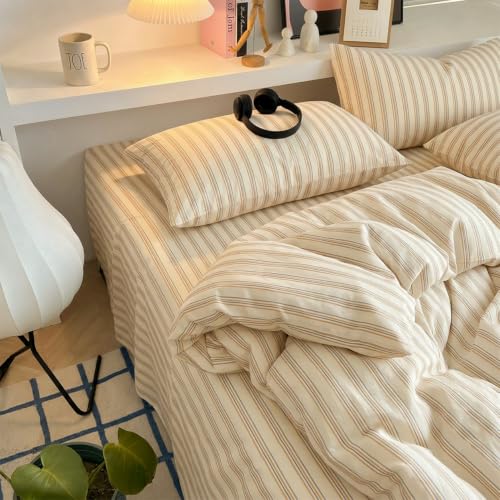 Image of Nayoroom Striped Duvet Cover Queen Cream Yellow Stripe Bedding Set