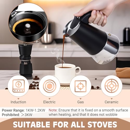 Image of Moka Pot, 6 Cups (10.6 oz) Stovetop Espresso Maker, 304 Stainless Steel Moka Pot, Induction Compatible, Black