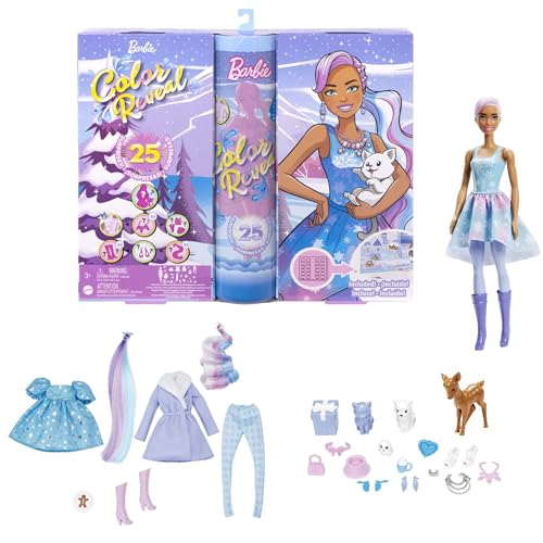 Barbie Color Reveal Advent Calendar 1 Color Reveal Doll & 3 Pets Clothes Accessories & 2 Hair Extensions 25 Surprises for Kids