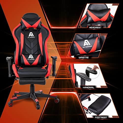 Image of AA Products Gaming Chair High Back Ergonomic Computer Racing Chair Adjustable Office Chair with Footrest, Lumbar Support Swivel Chair - Red