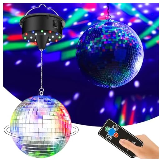 10RPM Disco Ball with Motor and 6Inch Mirror Ball — Plug/Battery Operated Disco Motor with 18 LED Beads 4 Color Lights and Remote Control, for Birthday Party, Back to 70s Theme Party Atomosphere