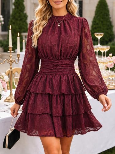 Image of Wenrine Womens Long Sleeve Mini Dress Floral Tiered Smocked Party Dresses | Cut Out, High Waist, Ruffle Design, Boho Style, Button Back, Night Out, Fall Winter