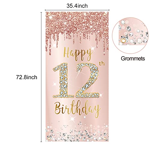 Image of 12th Birthday Door Banner Decorations for Girls, Pink Rose Gold Happy 12 Birthday Sign Door Cover Backdrop Party Supplies, Large 12 Year Old Birthday Poster Background Photo Booth Props Party Decor