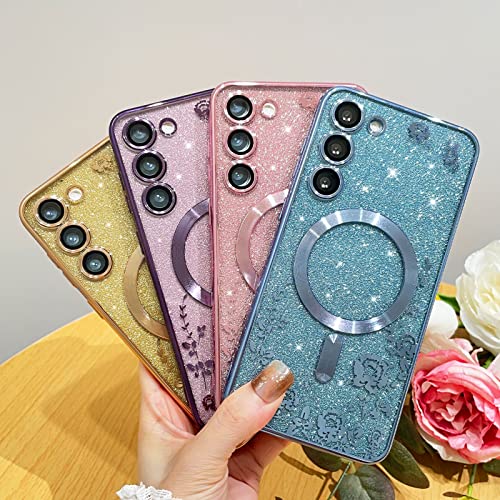 Lsl For Samsung Galaxy S23 Plus 6.6" Magnetic Glitter Case,Luxury Plating Bling Clear Rose Pattern Design, Compatible With Magsafe And Full Camera Lens Protector Protective Case For Women Girls-Purple #TOP5