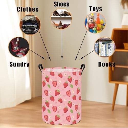 Image of Round Laundry Basket Collapsible Storage Hamper Flower Strawberry | Waterproof Canvas Foldable Baskets with sturdy Handles Multi-scene Organizer for Home Play Bedroom Gift Bin