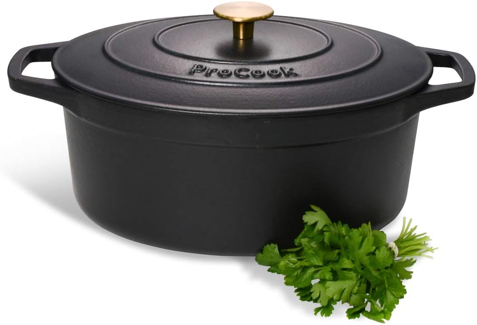 ProCook Oval Cast Iron Casserole Dish with Lid (Black, 30cm) Induction Compatible, 25 Year Guarantee