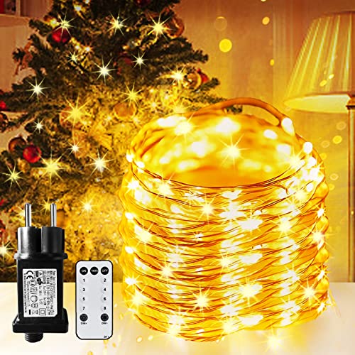 FANSIR Plug in Lichterkette 30m 300 LED Kupferdraht Netzbetrieben 8 Modi mit Fernbedienung Timer Mikro-Glühwürmchen-Lichter für Schlafzimmer Garten Hochzeit Party Weihnachtsdekoration (Warmweiß) Cover