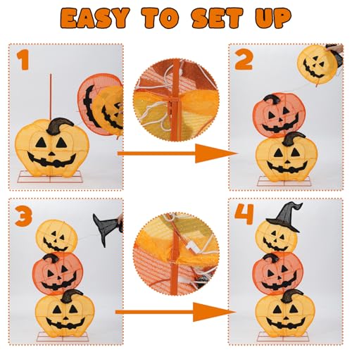 Halloween Lighted 3 Stacked Pumpkins, 39’’ H Pre-Lit Lighted Pumpkins with 50 Warm White Lights, Light Up Halloween Pumpkin Decoration for Indoor, Outdoor, Porch, Yard, Holiday Decor by SUNNYPARK - Image 4