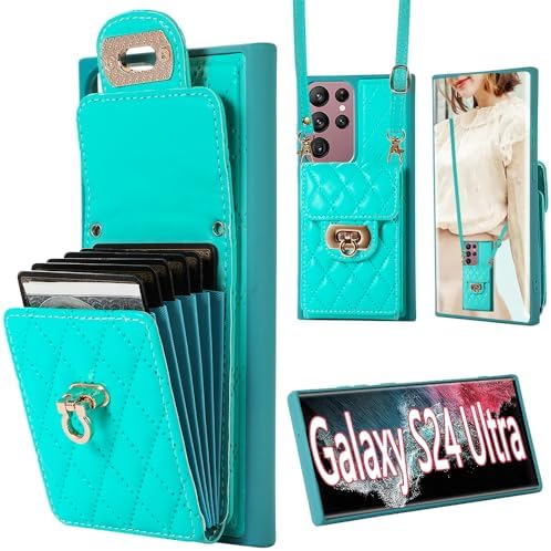 Crossbody Wallet Case for Samsung Galaxy S24 Ultra, Leather Phone Cover with Card Holder Kickstand Long Shoulder Strap Purse Shockproof Flip Case Compatible with Galaxy S24 Ultra (Mint)