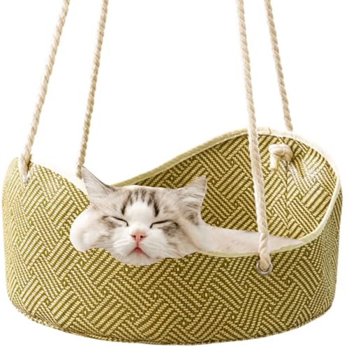 JUNENTER ペットケージハンモック 金属製フック付き ラタンと竹編みの猫用ハンモック ケージ用猫用ハンモック 子猫、ウサギ、小型犬用ハンモック (グリーン)(Green)