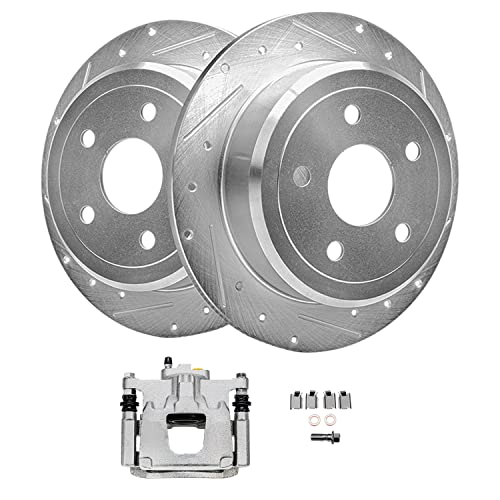 Image of Detroit Axle - Rear Brake Kit for 2007-2018 Jeep Wrangler JK Drilled & Slotted Brake Rotors Right Brake Caliper Replacement: 12.44 inch inch Rotors