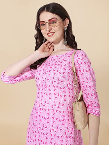 Image of MIRCHI FASHION Women Straight Cotton Blend Jaipuri Print Kurti Set with Pant (K9342 - Pink, White - S)