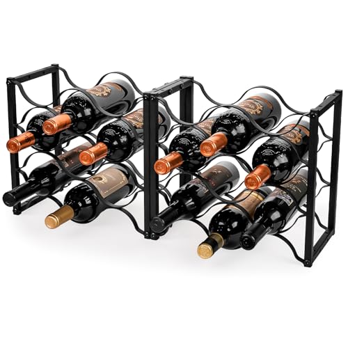 KAHLHAK Countertop Wine Rack - 2X9 Bottle Freestanding Modern Black Metal Wine Holder - 3 Tier Tabletop Wine Stand for Cabinet, Pantry, Bar - Durable & Space-Saving Wine Storage Organizer (2)