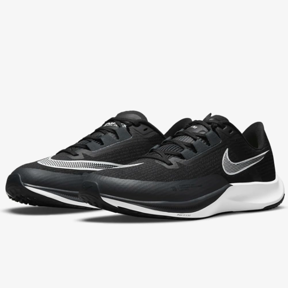 Pair of Nike Air Zoom Rival Fly 3 running shoes, black with white soles, viewed from a slight angle.