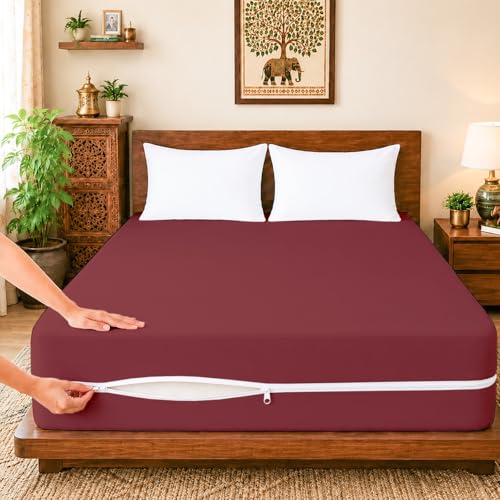 Image of ARLinen Waterproof Mattress Protector Cover Single Size with Zipper - 6 Sided Bed Bug Proof Encasement, Dustproof & Breathable Fabric, Fits 36x78x6 Inch Mattress, Maroon