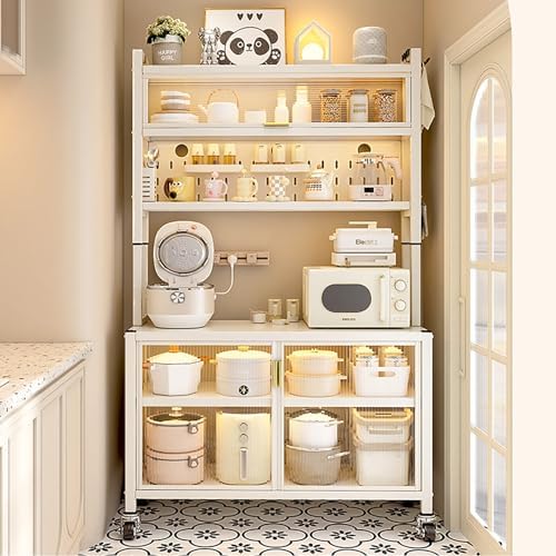 Stylish Coffee Bar Cabinet & Microwave Stand with Transparent Flip Door, Rolling Casters, DIY Backplane - Ideal Bakers Rack for Kitchen, Dining Room & Living Room Storage!