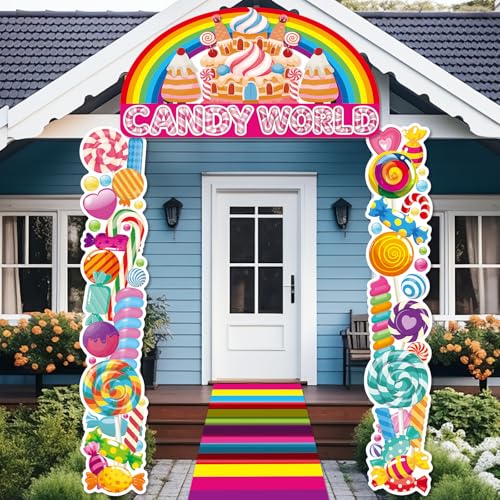 4Pcs Sweet Candy Party Decorations Candy Door Covers Sweet Hanging Banner Backdrop Candys Themed Party Land Store Porch Sign Colorful Runner Rug Background Photo Prop for Baby Shower Birthday Supplies