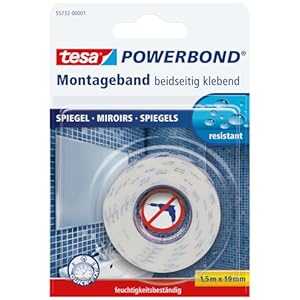 tesa Powerbond MIRROR - Doppelseitiges Montageband zur Fixierung von Spiegeln - Feuchtigkeitsbeständiges Klebeband für Bad und Dusche - 1,5 m x 19 mm