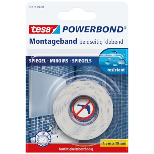 tesa Powerbond MIRROR - Doppelseitiges Montageband zur Fixierung von Spiegeln - Feuchtigkeitsbeständiges Klebeband für Bad und Dusche - 1 5 m x 19 mm