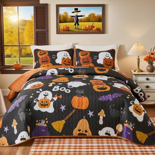 DJY Halloween Quilt Set King Size, Cute Pumpkin Ghost Bat Pattern Festive Bedspread Holiday Themed Coverlet Set, Soft Lightweight Halloween Bedding Set Decorative Bed Cover(110''x90'')