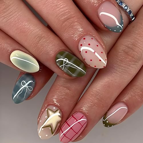 Image of Cottagecore Plaid Bow Press on Nails Medium Oval Fake Nails with Star Polka Dot Design Reusable Glossy Full Cover Stick on Nail for Women Manicure 24Pcs