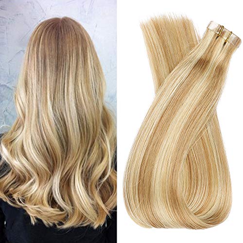 Tape in Hair Extensions Remy Human Hair 18" Golden Brown and Bleach Blonde Highlights 40grams/20pcs Seamless Skin Weft Tape-in Extensions