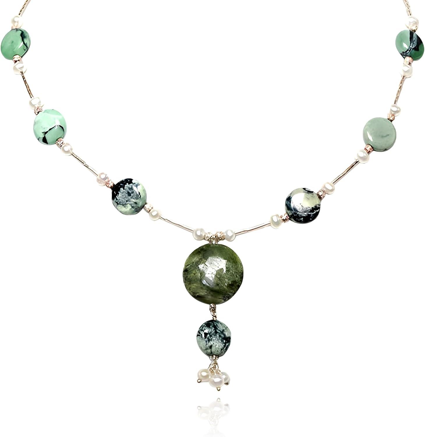 16" Freshwater Pearl Necklace - Baroque Necklace with Green Opal, Turquoise, Silver Clasp - Real Pearls Strand with Vintage Beaded Charms Luxury Jewelry Gift