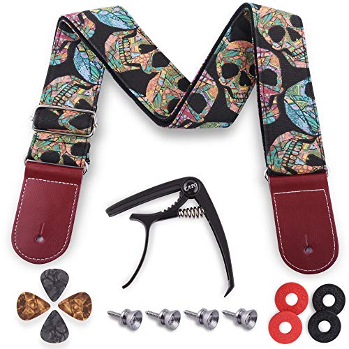 Guitar Straps, Acoustic Guitar Strap,Electric Guitar Strap Adjustable Skull Pattern Includes 1 Guitar Capo,4 Guitar Strap Lock,4 Guitar Strap Button,4 Picks For Bass, Electric & Acoustic Guitars