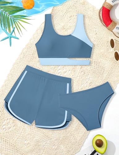NECIOUS Girls Swimsuit Bikini Set, 3 Piece Bathing Suits Color Block Cutout Teen Swimwear with Shorts Size 13-14 Blue - Image 5