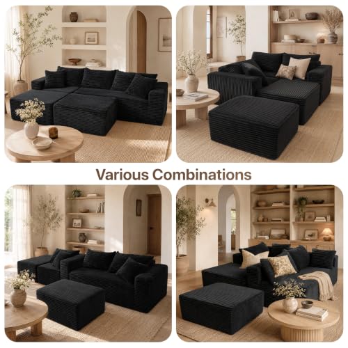 Image of Claiks 94 inch Boneless Couch, U-Shape Corduroy Sectional Sofa, Black