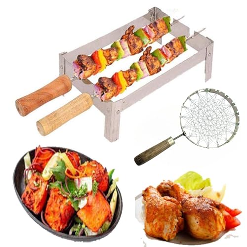 Image of Bbq Tandoor With Handle Gas Saver Jali,2 Skewers & 1 Folding Stand|Baigan Bharta Gas Grill|Chota Gas Tandoor Bbq|Gas Grill With Handle|Mini Home Grill Barbeque Set-Free Standing