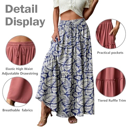 Image of Lepunuo Womens Casual Boho High Waisted Flowy Maxi Skirts Tiered Floral Long Skirts with Pockets for Summer Beach Vacation
