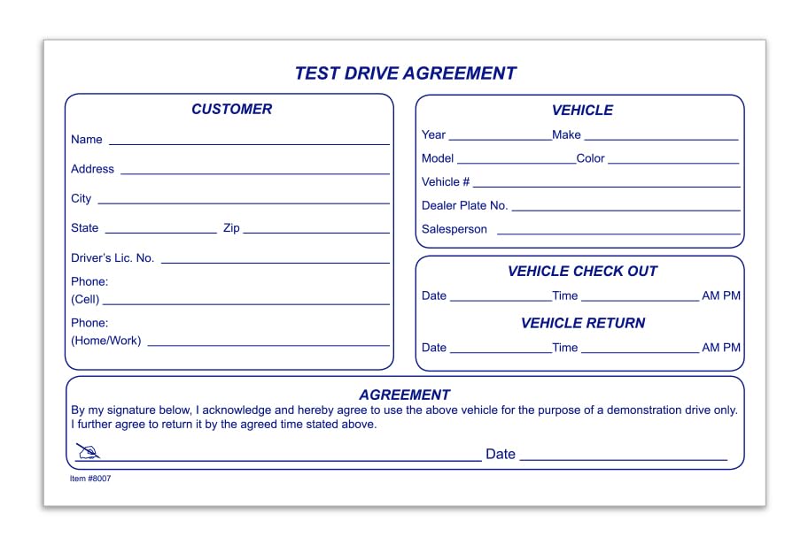 Test Drive Agreement Form for Automotive Dealerships and Rental Services - 8-1/2" x 5-1/2", 1-Part Padded at Left, 20# White Paper - Protect Against