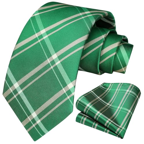 Image of HISDERN Ties for Men Plaid Checkered Tie with Pocket Square Woven Business Formal Necktie Handkerchief Set Wedding Party