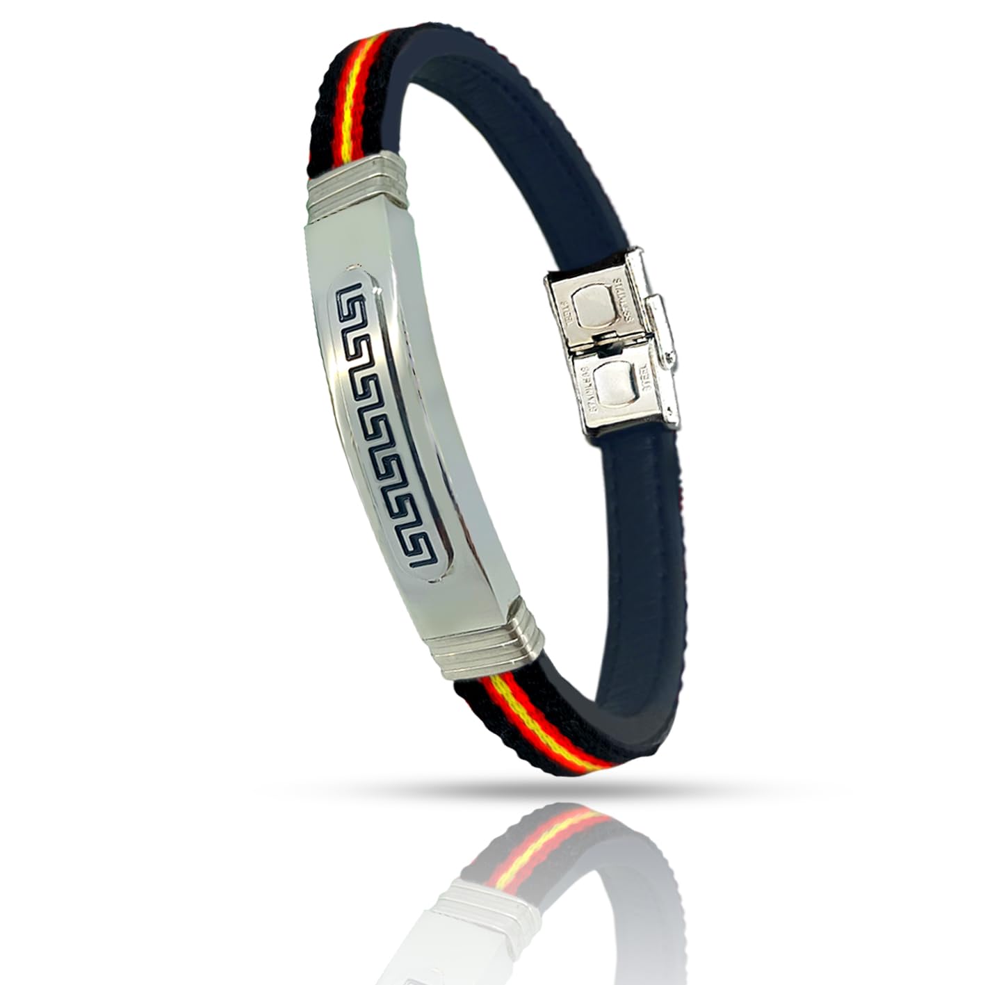 Only faith Pulsera Bandera España Pulsera de Cuero piel genuino Hombre Acero inoxidable Ajustable Bandera Paracord Amarillo y rojo negro Regalo para Hombre