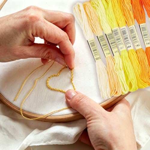 Image of 1 Box 65.6 Yards 8 Skeins 6 Ply Yellow Cotton Variegated Cross Stitch Floss Friendship Bracelet String Gradient Yarn Embroidery Assorted Bulk Thread Set for Hand Sewing Making Crochet DIY