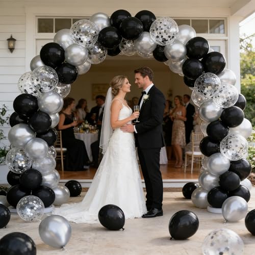 Image of Black and Silver Balloons, 70pcs Silver Black Balloons with Confetti for Birthday Wedding Engagement New Year Bachelorette Party Party Supply