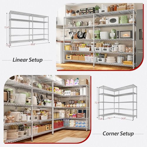 Image of REIBII 69.8 inch W Storage Shelves 1510LBS Wire Shelving Unit 5 Tier Metal Shelving for Storage Rack Shelves Adjustable Heavy Duty Garage Shelf Pantry Shelves Kitchen Shelving,69.8 inchWx15.8 inchDx72.4 inchH,Chrome