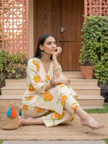 Image of INDO ERA Women Cotton White Printed Straight Kurta Pant Set