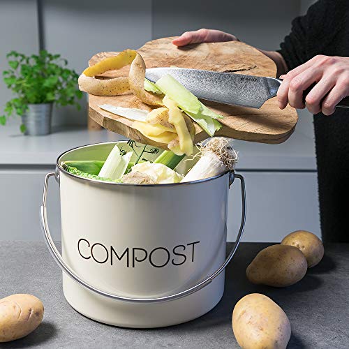 Navaris Compost Bin For Kitchen Counter - 1.3 Gallon (5L) Metal Countertop Indoor Composter Bucket With Charcoal Filter And Lid - Cream, Size Medium #TOP1