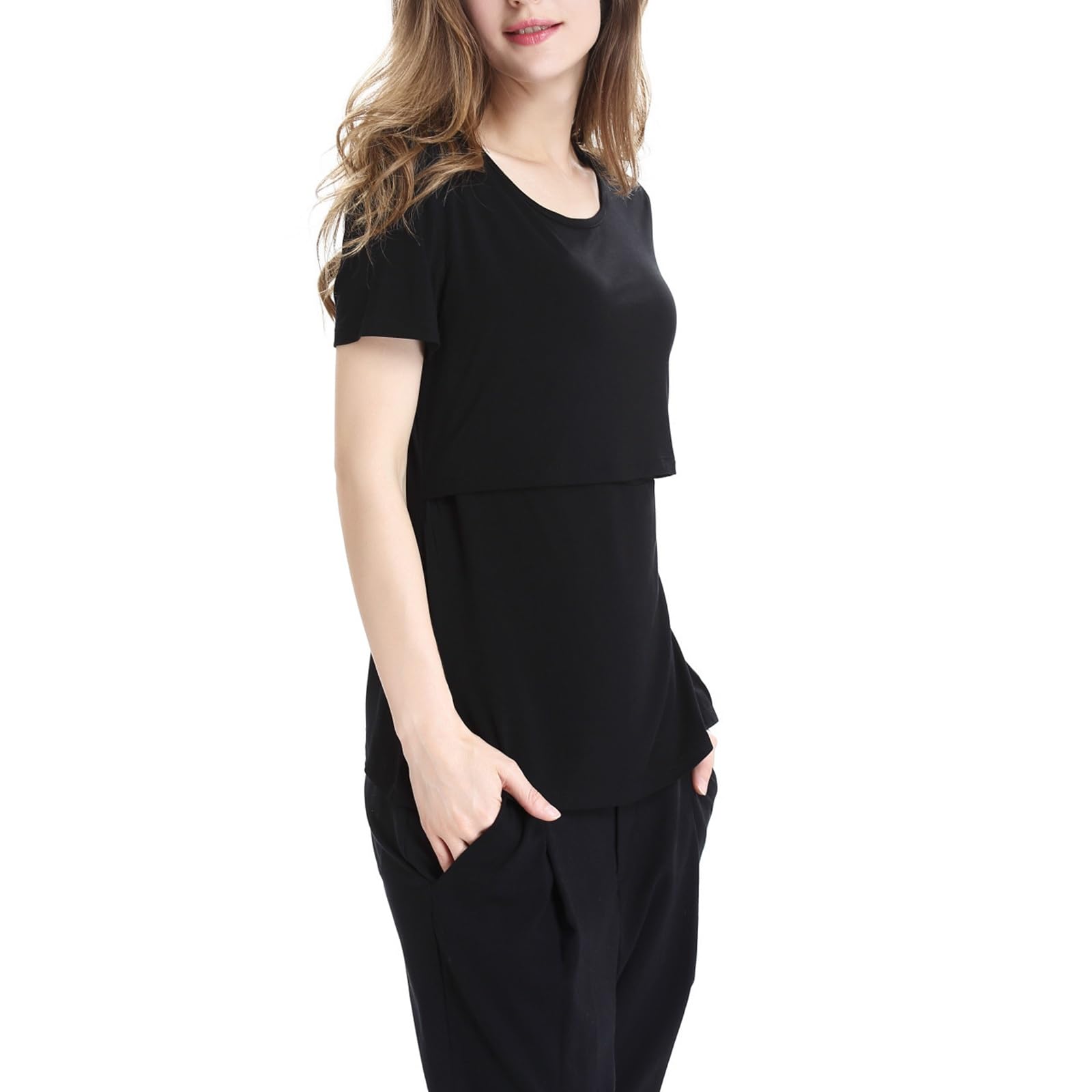 THE WHITE SHOPWomen's Nursing Tops Short & Long Sleeve Breastfeeding Shirt Side Ruched Maternity Clothes (Color : Black, Size : M)