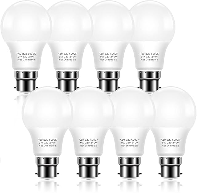 Bonnov B22 LED Bayonet Light Bulbs, 900lm A60 LED Bulb, 9W Equivalent to 60W, Cool White 6000K LED Bulbs, Non-dimmable, Energy Saving Light Bulb, Pack of 8